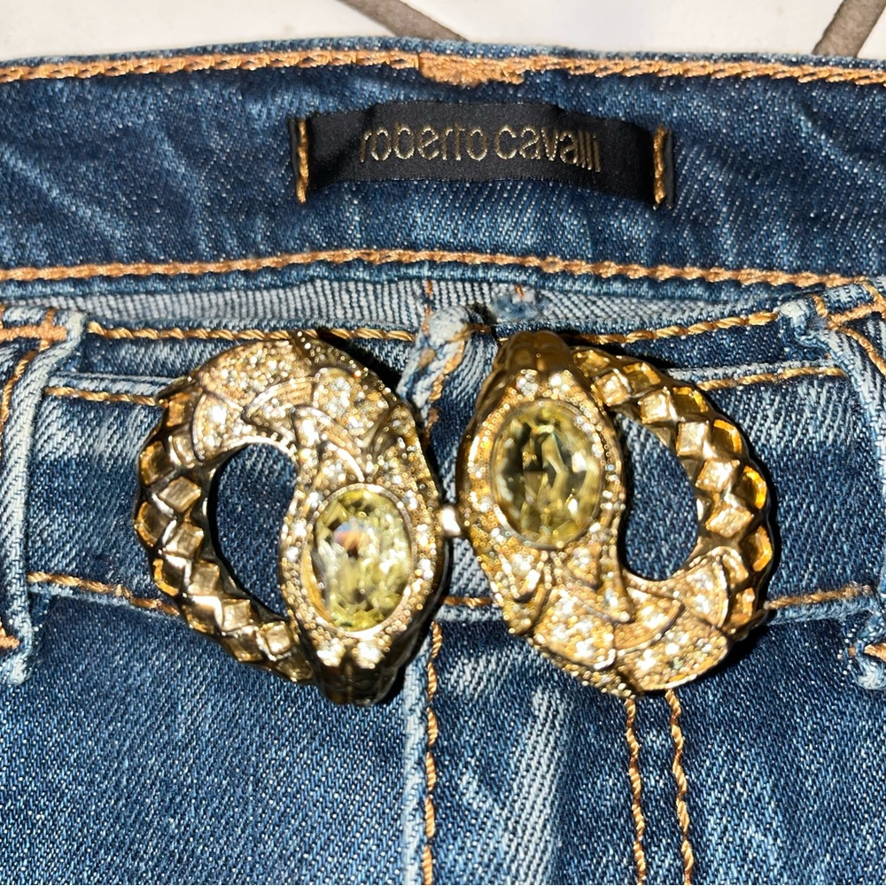 Roberto Cavalli Lux Swarovski Goldtone build in belt Blue Jeans